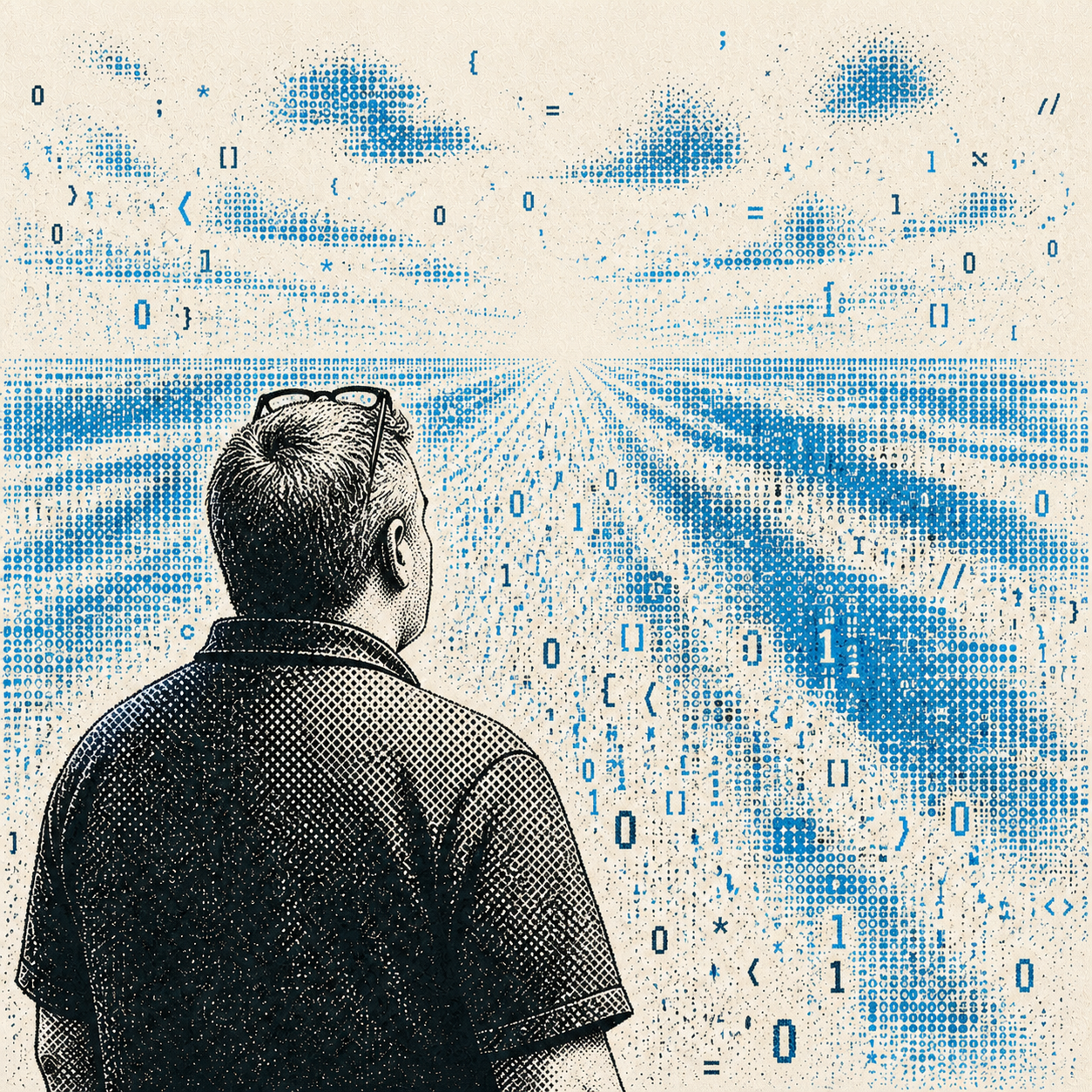 A pointillist illustration of a man looking toward a horizon of code